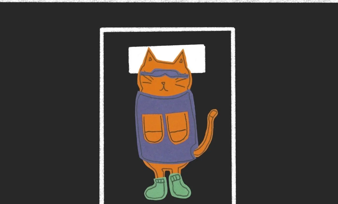 Cartoon illustration of an orange cat wearing green boots, a blue vest with two pockets, and a blue visor, standing inside a white rectangle on a black background.