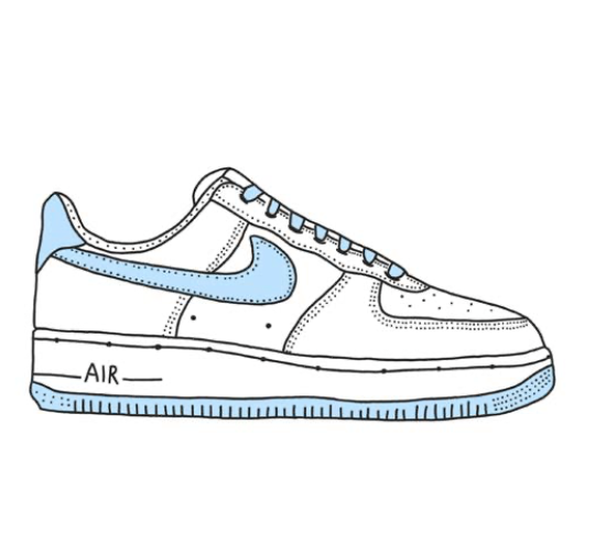 Line drawing of a Nike Air Force 1 sneaker with light blue accents.