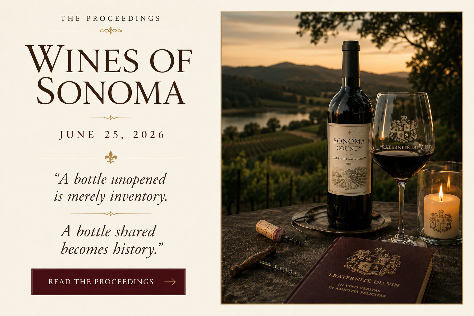 Cover image for the official Proceedings of Fraternité du Vin documenting the Wines of Sonoma gathering at Deep Springs Trout Club on June 25, 2026.