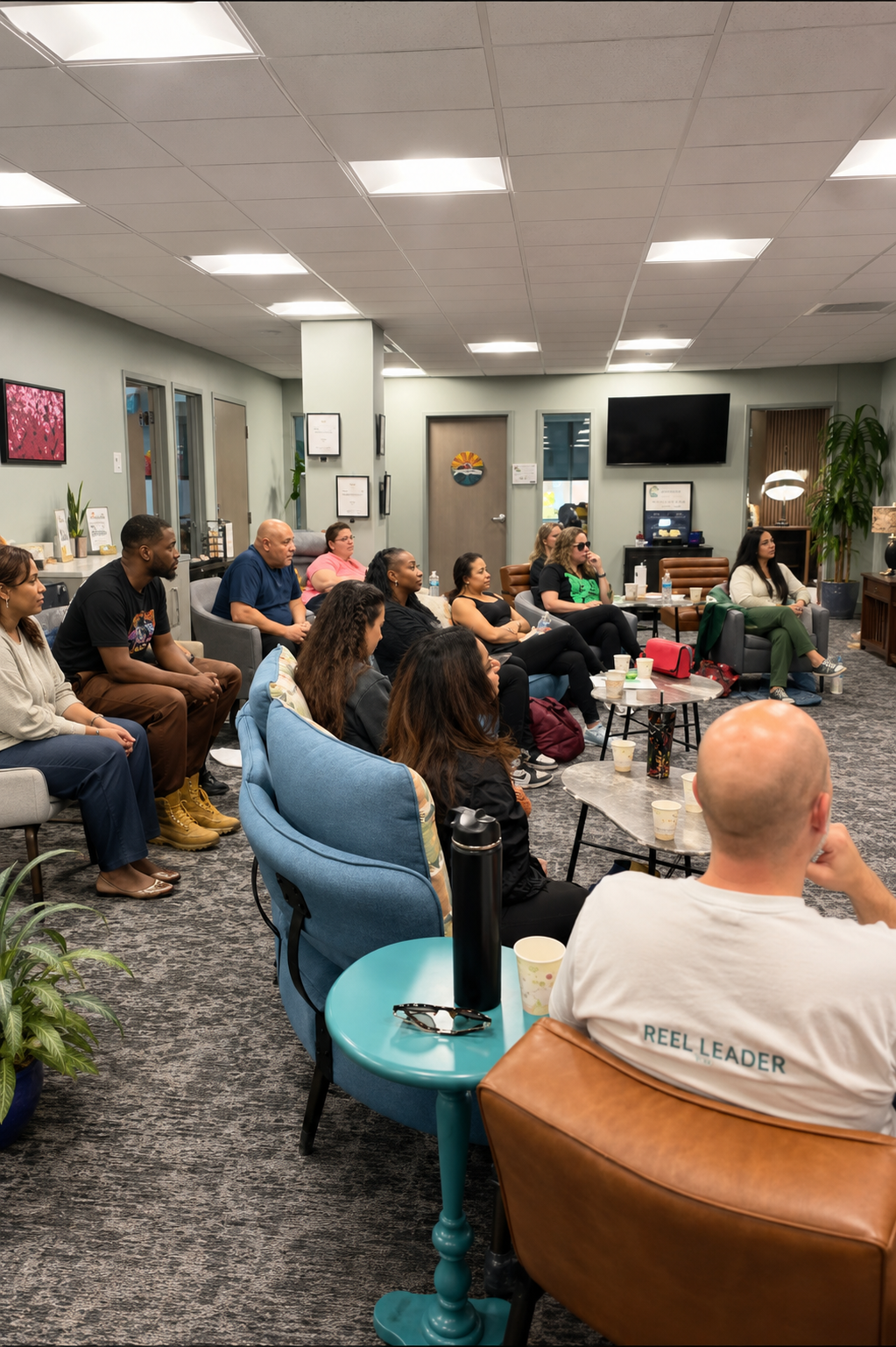 A group of people sitting in a room, attending a presentation or meeting, with drinks and personal items on tables, in a cozy, modern space with framed art and a large TV on the wall.