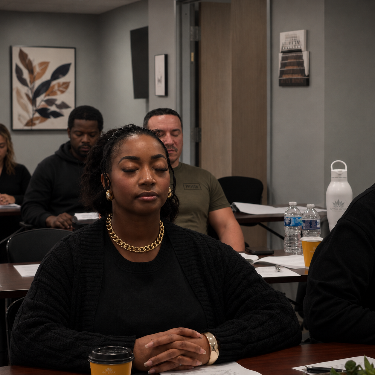 A group of people sitting at a table in a conference room, with some having their eyes closed, appears to be meditating or reflecting. The woman in the front is wearing a black sweater, gold chain necklace, earrings, and a bracelet. On the table in front of her are a cup of coffee, a piece of paper, and a water bottle. The background includes wall art, bottles of water, and a white water bottle with a leaf logo.