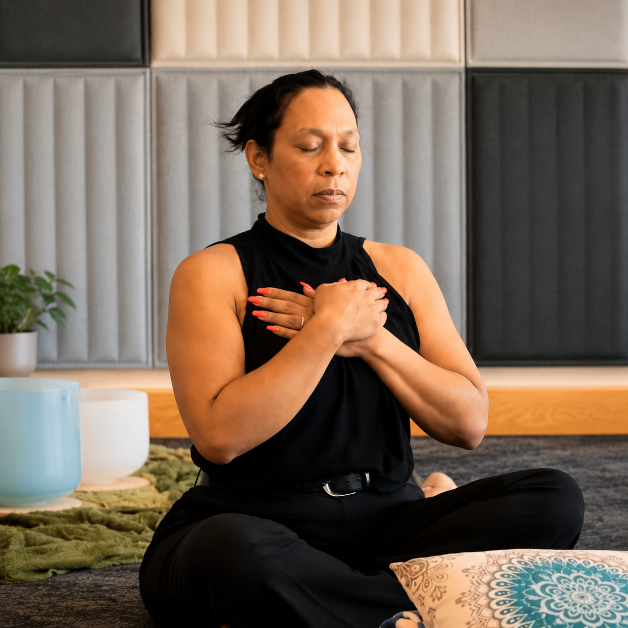 A woman with closed eyes, sitting cross-legged, holding her hands over her chest, practicing meditation in a serene indoor setting.