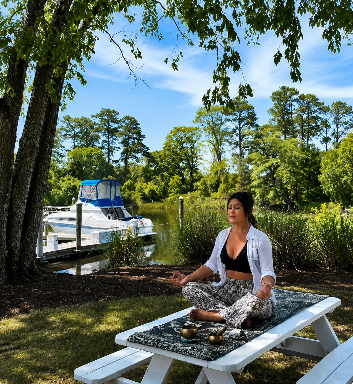 A woman practicing yoga and meditation outdoors on a picnic table beside a river, with trees and a boat in the background.