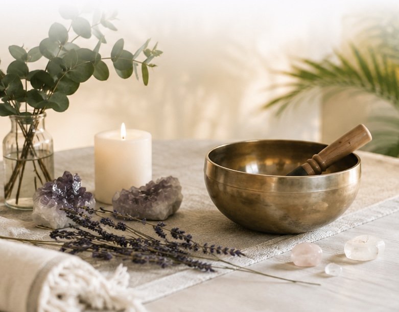 A table with a lit white candle, a clear vase with eucalyptus branches, purple lavender, amethyst, and rose quartz stones, and a large singing bowl with a wooden striker, set on a neutral tablecloth with a blurred background of plants.