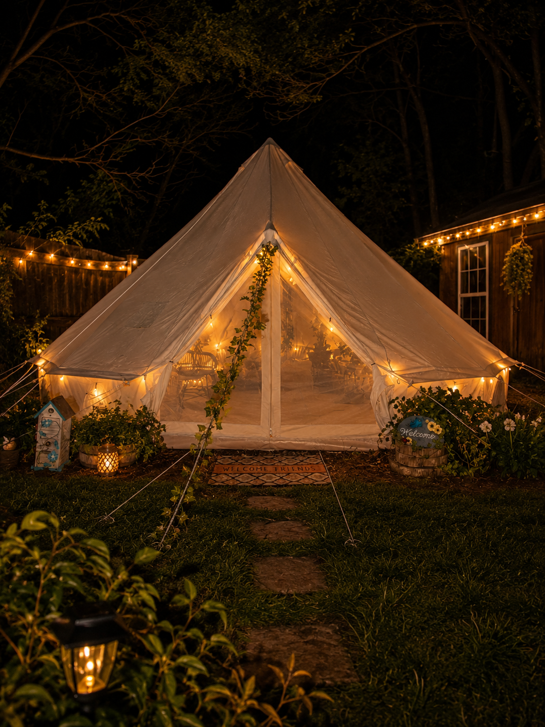 A beautifully decorated outdoor tent at night with string lights, plants, and welcoming signs, creating a cozy and inviting atmosphere.