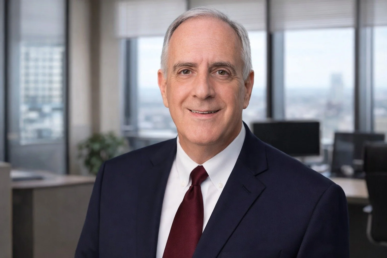 A middle-aged man in a suit and tie smiling in a modern office with large windows and city views.