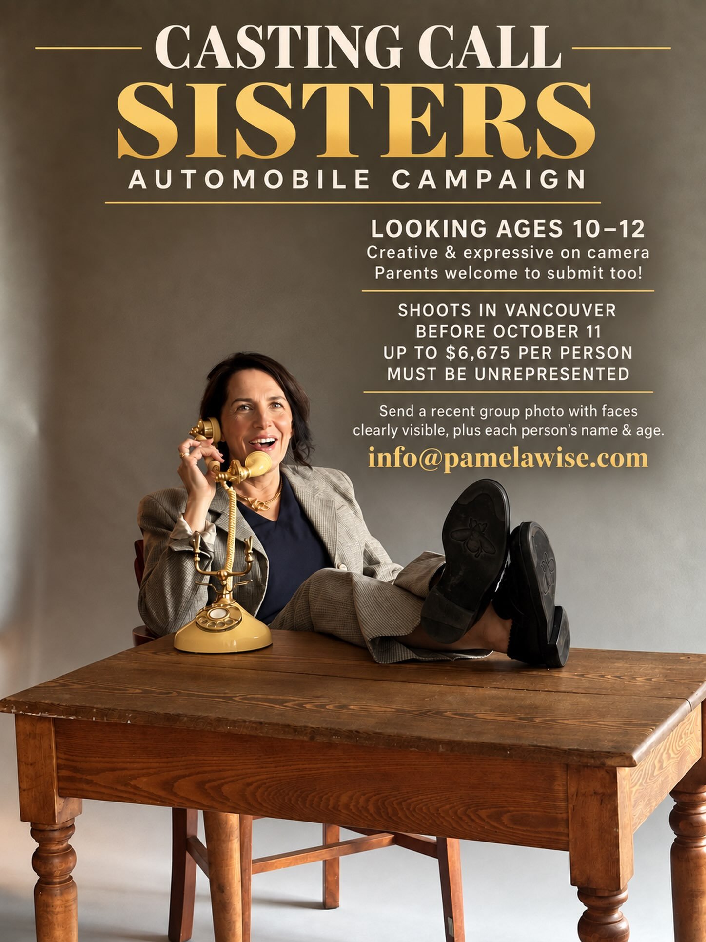 🚗✨ TALENT SEARCH: SISTERS + FAMILY

Know a pair of creative, expressive sisters ages 10&ndash;12?

We&rsquo;re casting for an automobile campaign filming in Vancouver before October 11. We&rsquo;d also love to find a real family of four, so parents 