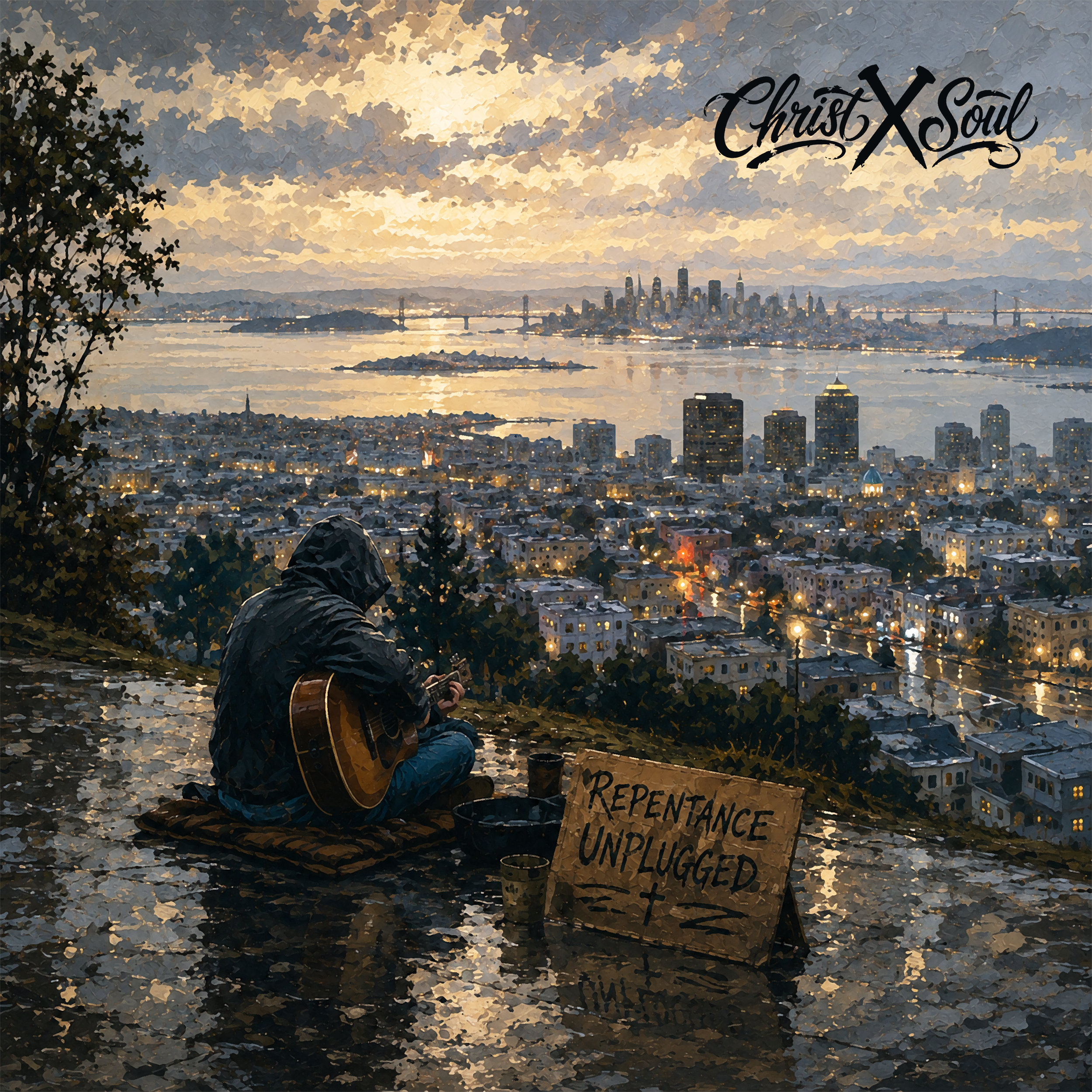 A person wearing a hooded jacket sitting on a rocky ledge holding a guitar, overlooking the SF Bay Area skyline at sunset with clouds in the sky. A cardboard protest sign with handwritten text is placed on the ground in front of them.
