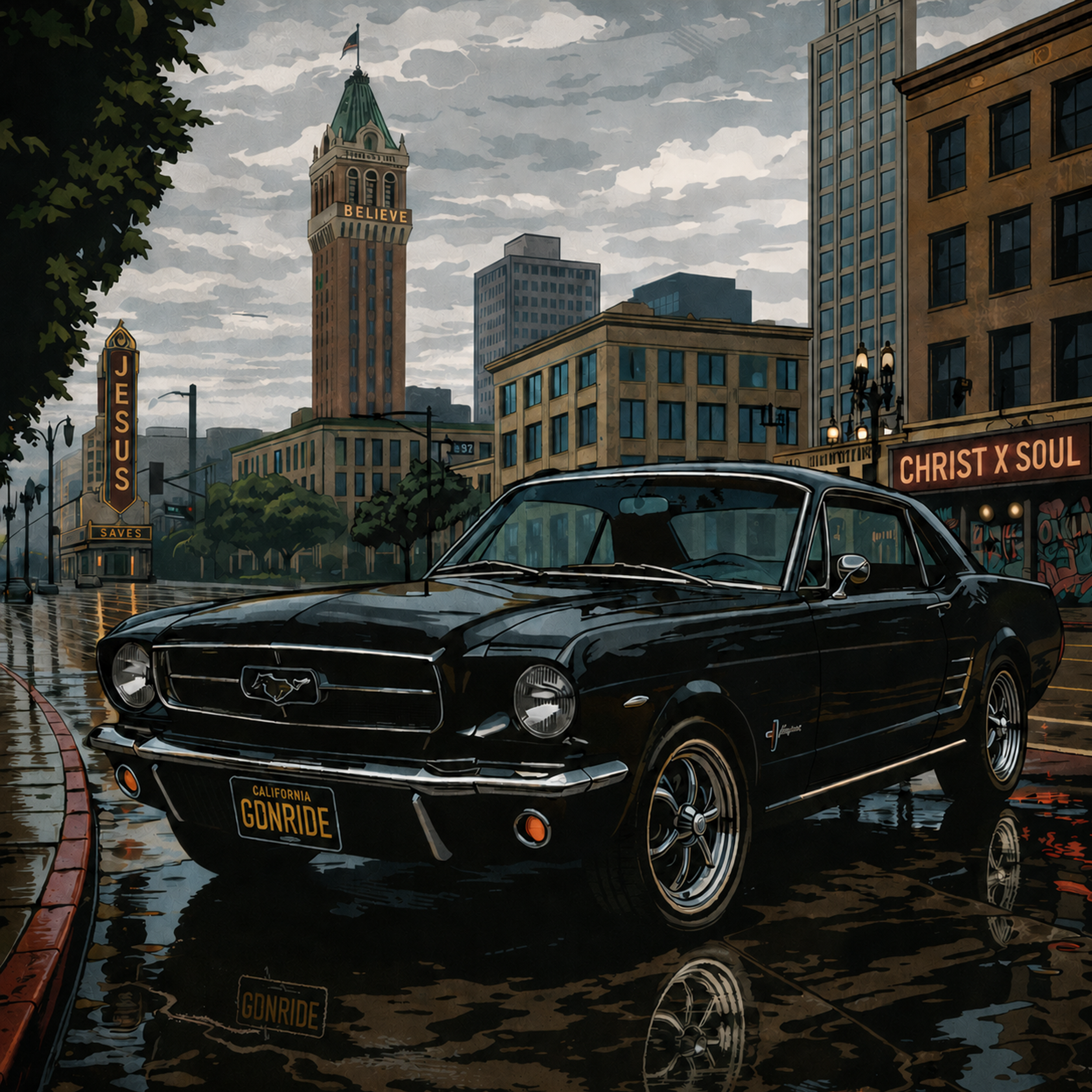 A city street scene with a black Ford Mustang in the foreground and tall buildings, including a clock tower with a 'BELIEVE' sign, under cloudy skies. Streetlights and traffic signs are also visible.