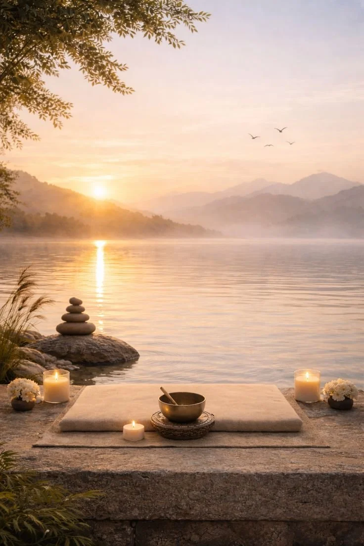 Serene outdoor meditation area by a lake during sunrise, with stacked stones, candles, and a singing bowl on a stone platform, surrounded by nature.