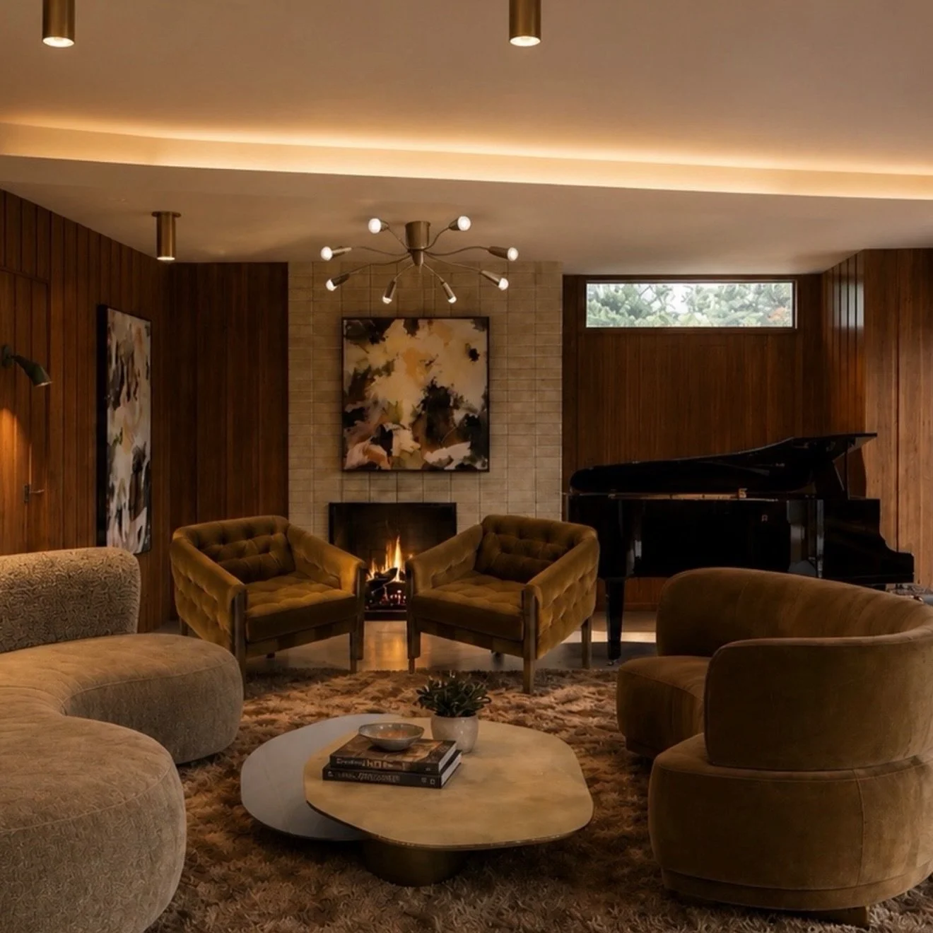The lounge at Laswell feels as though it has always been here.

Wrapped in warm wood paneling and anchored by the glow of the fireplace, it&rsquo;s a room designed for lingering. Three vintage green Giuseppe Ostuni sconces cast their soft light acros
