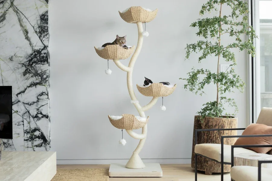 A modern living room with a sustainable tree-shaped cat tree, with several cats resting on its platforms, and a large potted plant beside it.