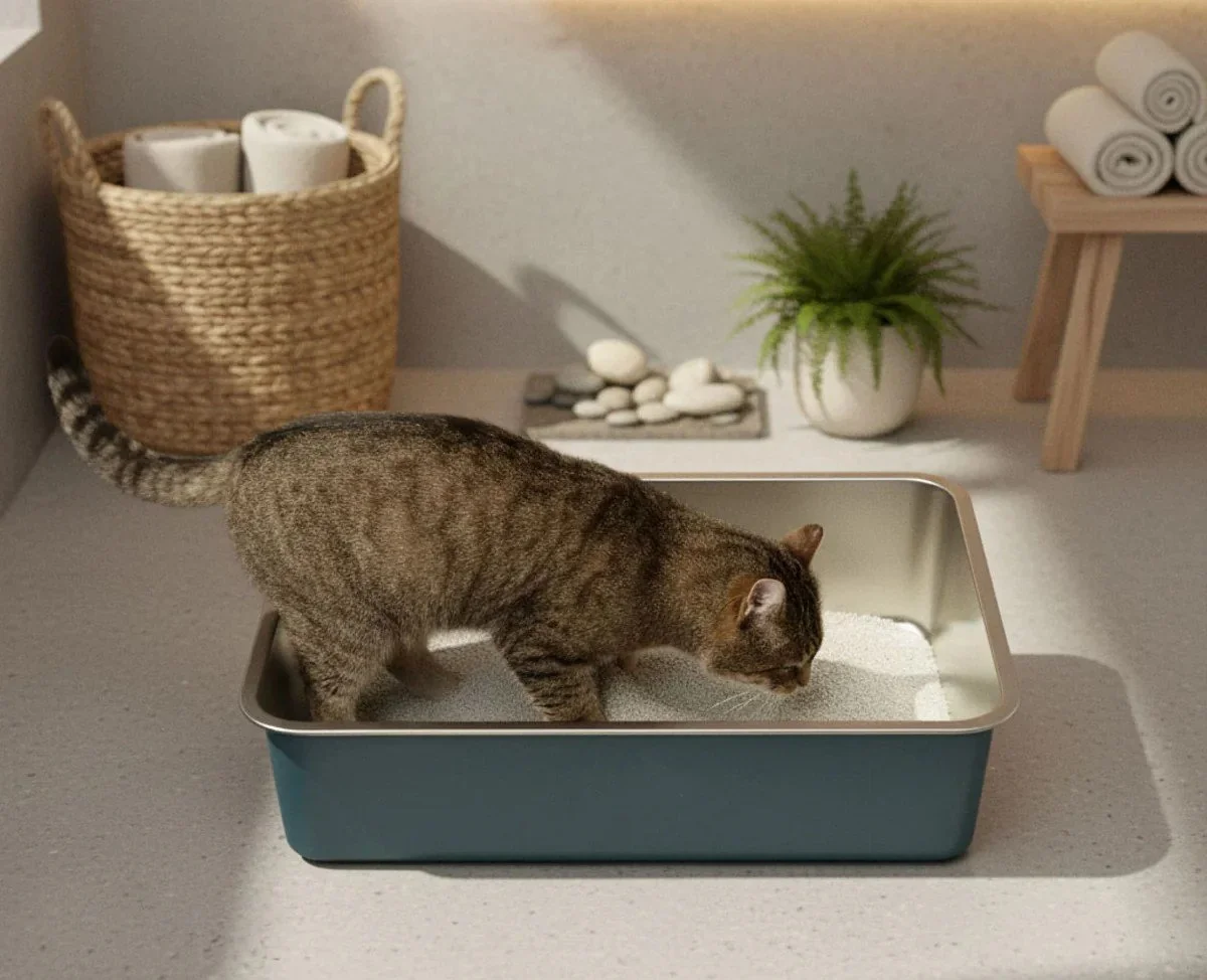 A tabby cat standing and sniffing in a blue stainless steel litter box in a bathroom. There's an eco-friendly wicker basket and a potted plant in the background.