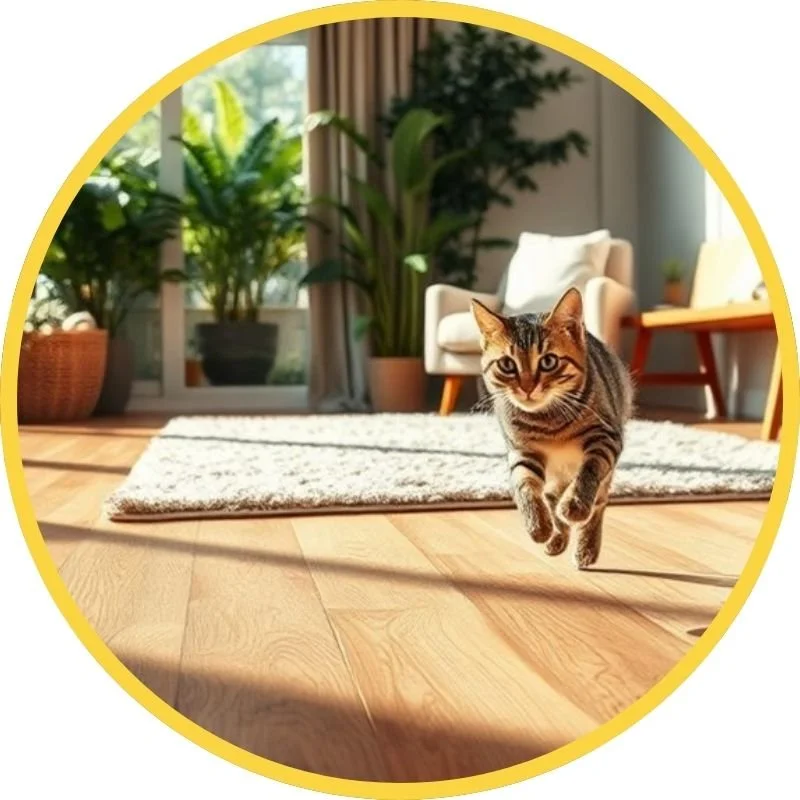 A tabby cat running toward the camera in a bright, eco-friendly living room with hardwood floors, potted plants, and modern sustainable furniture.