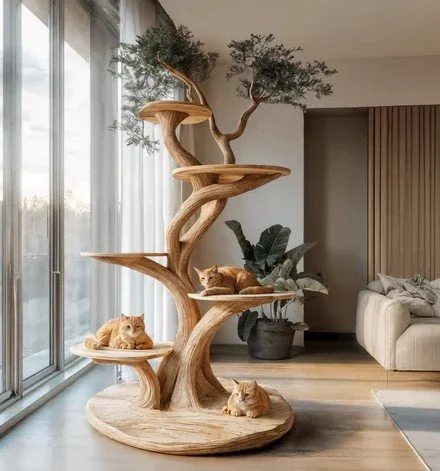 A modern sustainable wooden tree-shaped cat tree with multiple platforms, situated in a living room with large windows. Three orange cats are resting on the platforms.