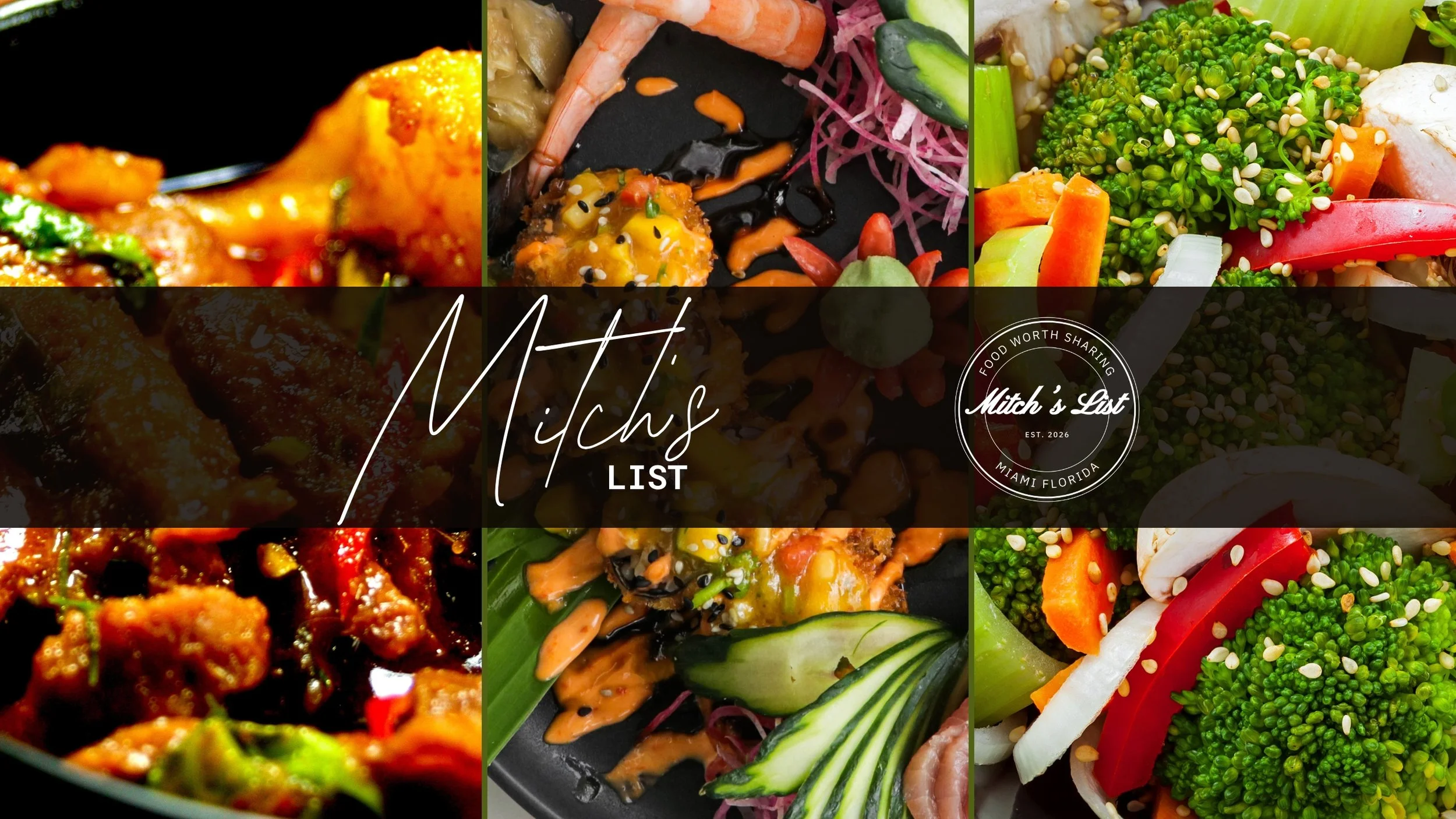 Collage of three dishes including an Asian stir-fry, a sushi platter, and a vegetable salad, with text overlay that says "Mitch's List" and a circular logo reading "Food Worth Sharing, Mitch's List, Miami Florida."