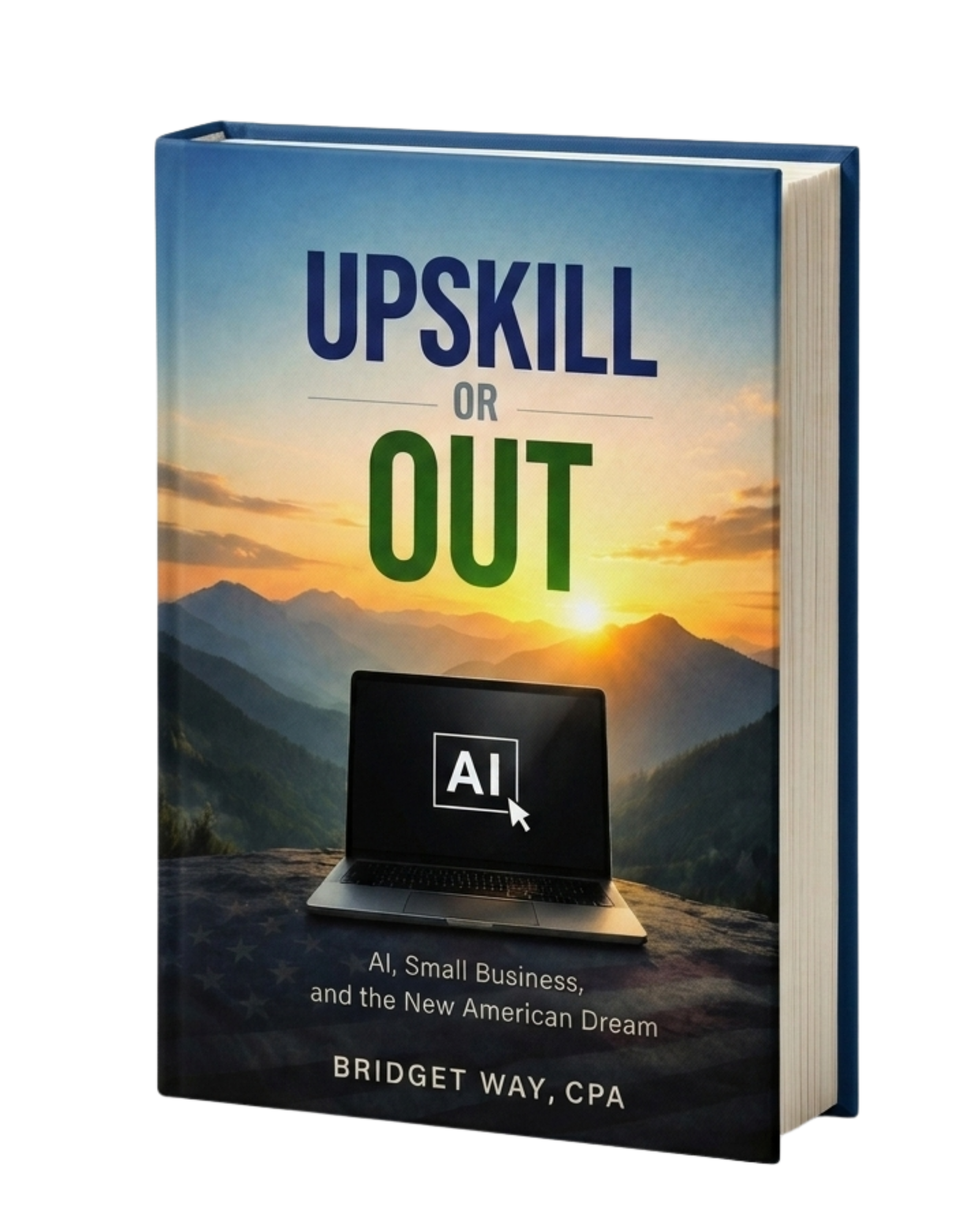 Book titled 'Upskill or Out' with background image of mountains and sunset. Contains a computer and text about AI, small business, and the American Dream.