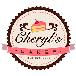 A logo for Cheryl's Cakes featuring a slice of pink cake with a cherry on top and decorative design elements.