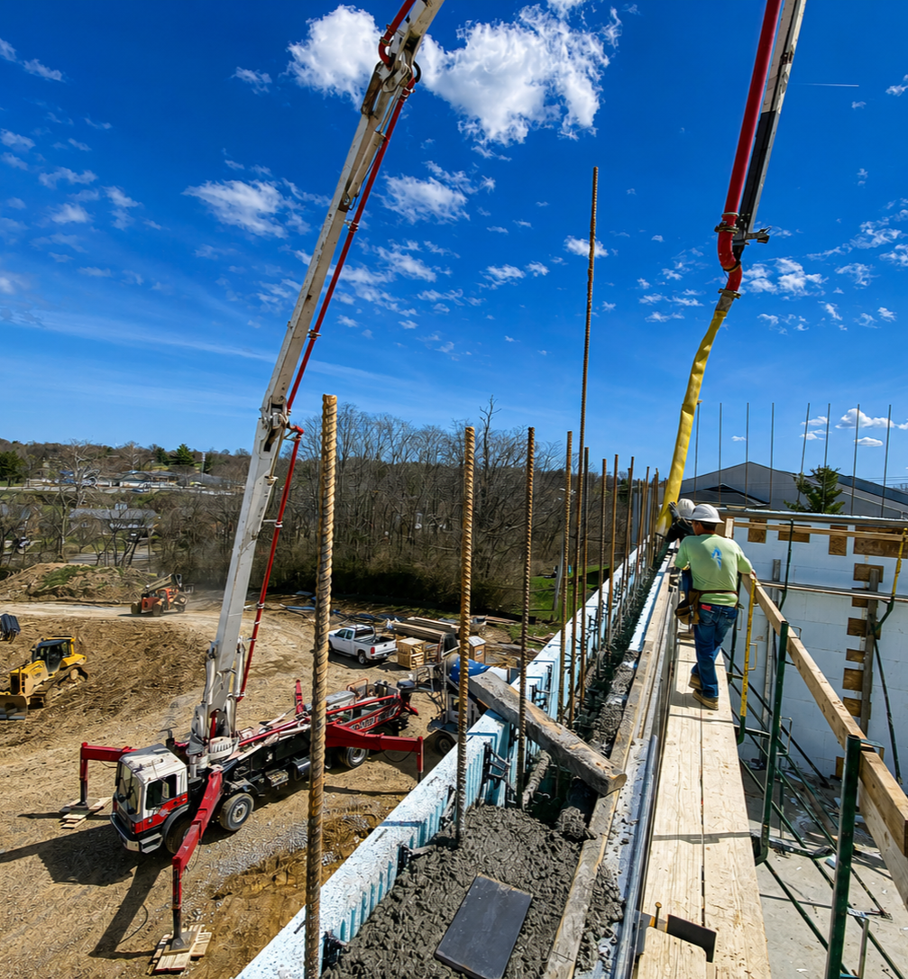 Construction workers on scaffolding pouring concrete on a building's edge with construction vehicles and equipment in the background.