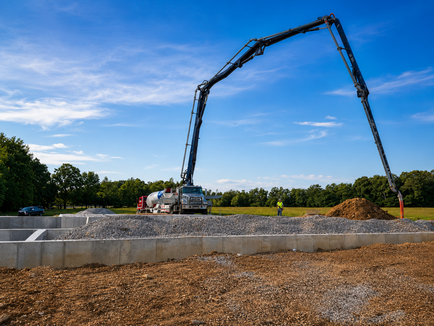 Construction site with a large concrete pump truck pouring concrete on a foundation, and a worker standing nearby in a safety vest.
