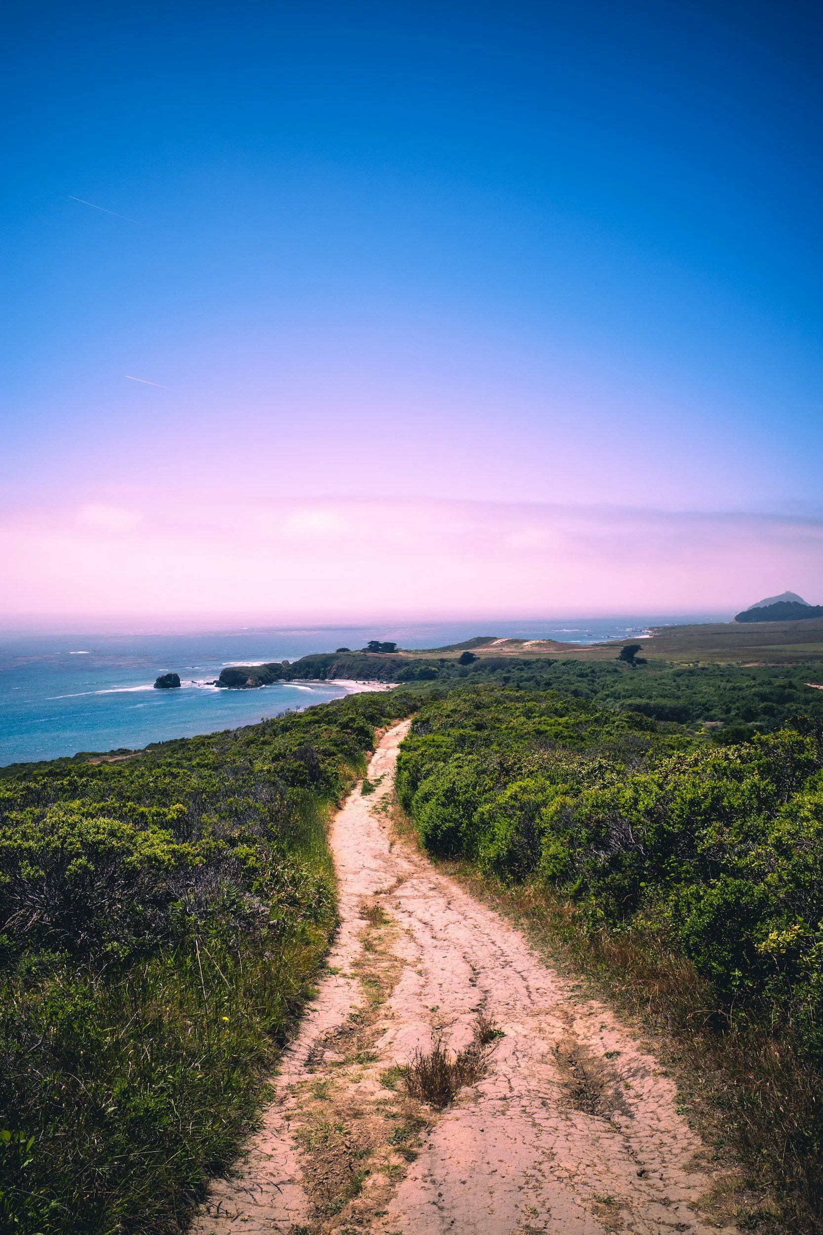 A dirt path leading through green shrubbery along a coastal landscape, with the ocean to the left and land in the distance, under a clear blue sky with wispy clouds and distant hills.