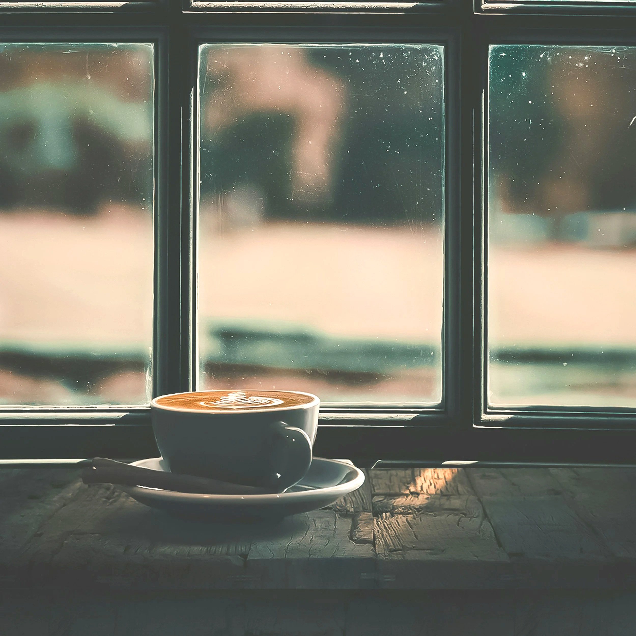 A white ceramic cup filled with coffee sits on a windowsill. The window behind has multiple panes and appears somewhat dusty or foggy, with a blurry outdoor scenery that includes trees and sky, suggesting early morning light.