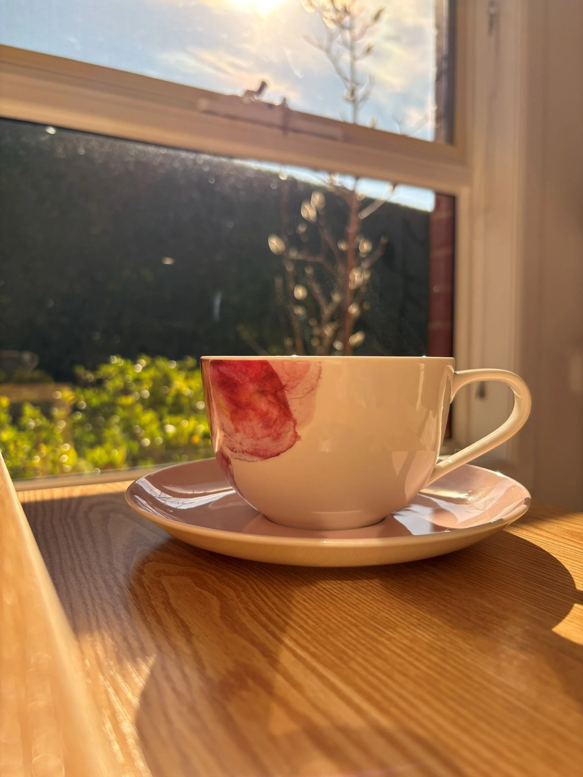 A white ceramic teacup with a pink floral design on a matching saucer, placed on a wooden table near a window with sunlight streaming in, showing a garden and a tree outside.
