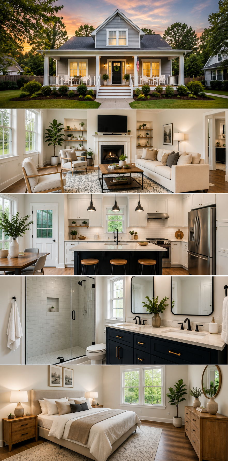 Photo collage of a house exterior and interior rooms, including living room, kitchen, bathroom, and bedroom.