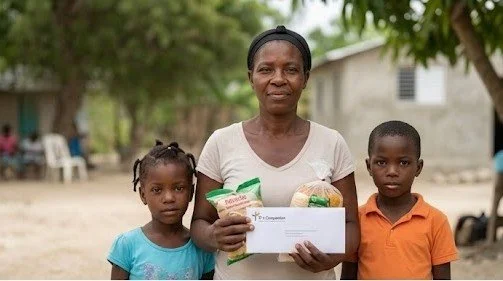 A woman stands outdoors with a boy and a girl, holding a box and some food packages.