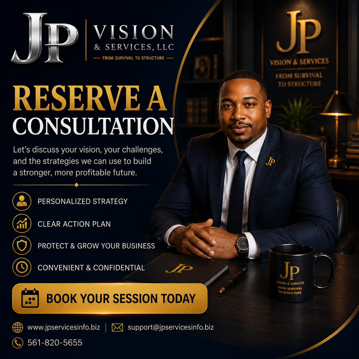 Business promotional graphic for JP Vision & Services, LLC, featuring a professional man in a suit sitting at a desk with a JP branded mug, promoting consultation bookings with lists of benefits and contact information.