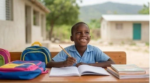 A young boy sitting at a desk outdoors, smiling, with school supplies and a book, in a rural setting.