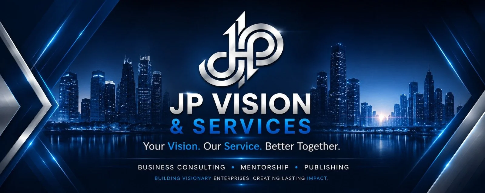 A city skyline at night with skyscrapers illuminated, featuring the logo and branding of JP VISION & SERVICES, along with slogans about vision, service, and collaboration, and a list of services including business consulting, mentorship, and publishing.