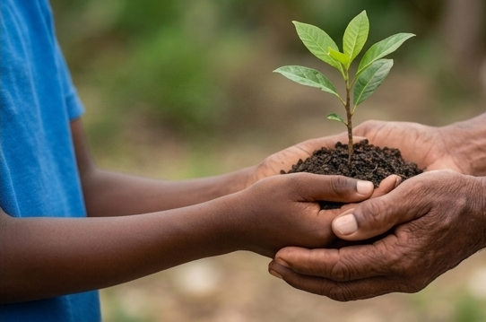 Child and adult holding a small sapling with soil in their hands outdoors.