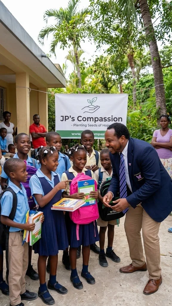 A group of children in school uniforms with backpacks receiving Books from a man in a suit in front of a banner that reads "JP's Compassion - Planting Seeds of Hope" at an outdoor location with green trees.