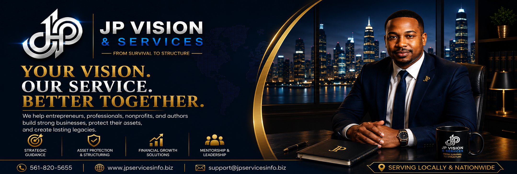 Business promotional banner for JP Vision & Services featuring a man in a suit sitting at a desk with city skyline in the background, with text about their services.