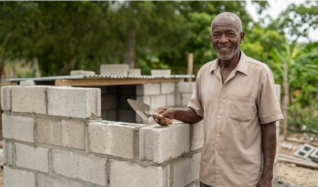A smiling older man working on a cinder block wall outdoors surrounded by green trees and plants.