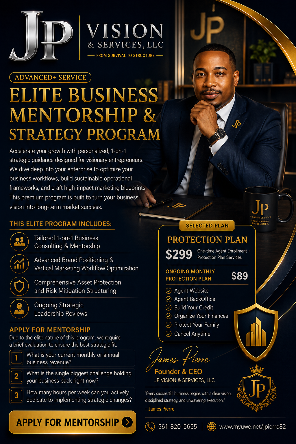 Promotional flyer for JP Vision & Services, LLC, advertising an elite business mentorship and strategy program, featuring a professional man in a suit and various program details, pricing, and contact information.