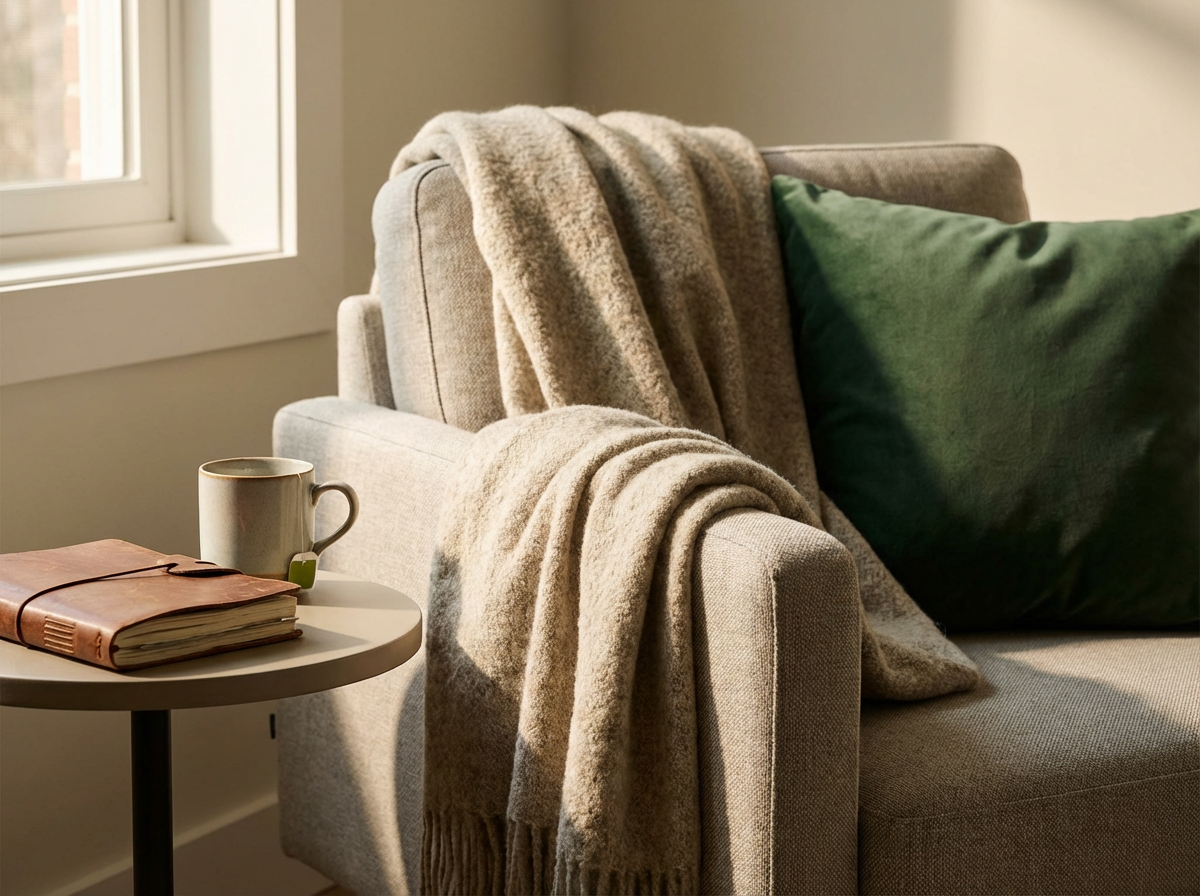 A cozy living room corner with a beige couch draped with a beige blanket, a large green pillow, and a small round side table holding a mug and a closed journal.