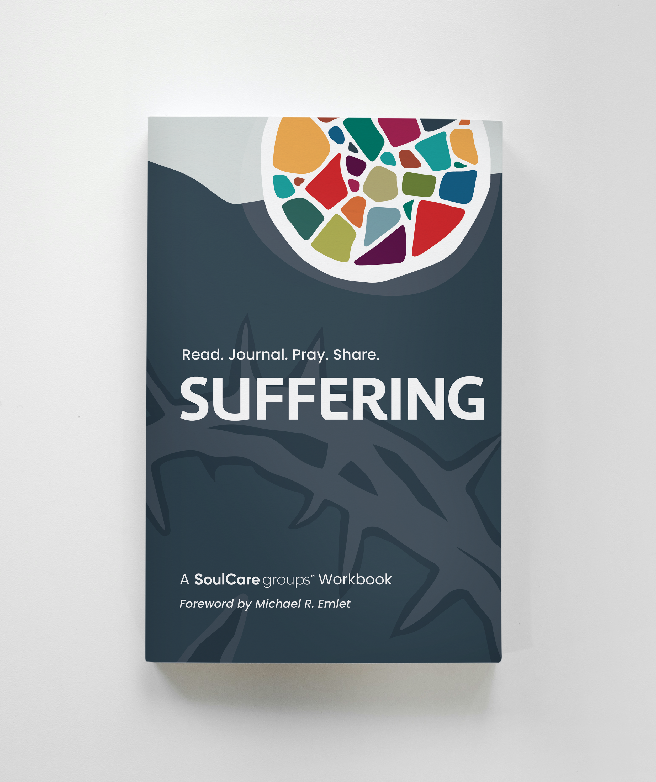 Cover of a workbook titled "Suffering: Read. Journal. Pray. Share." by SoulCare groups, with a colorful mosaic design and a dark background.
