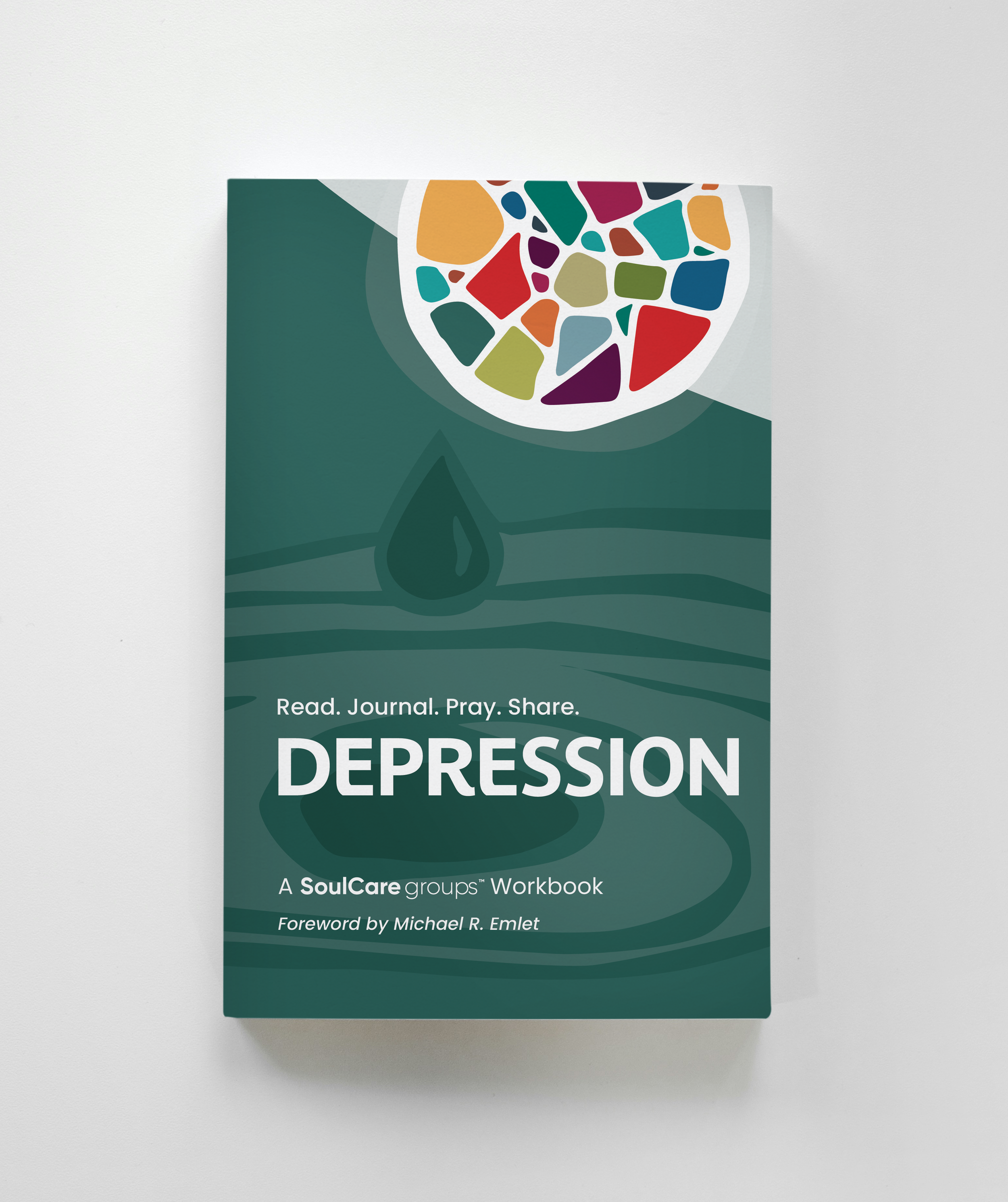 Cover of a workbook titled 'Depression: Read. Journal. Pray. Share.' with colorful mosaic design and a dark green background.