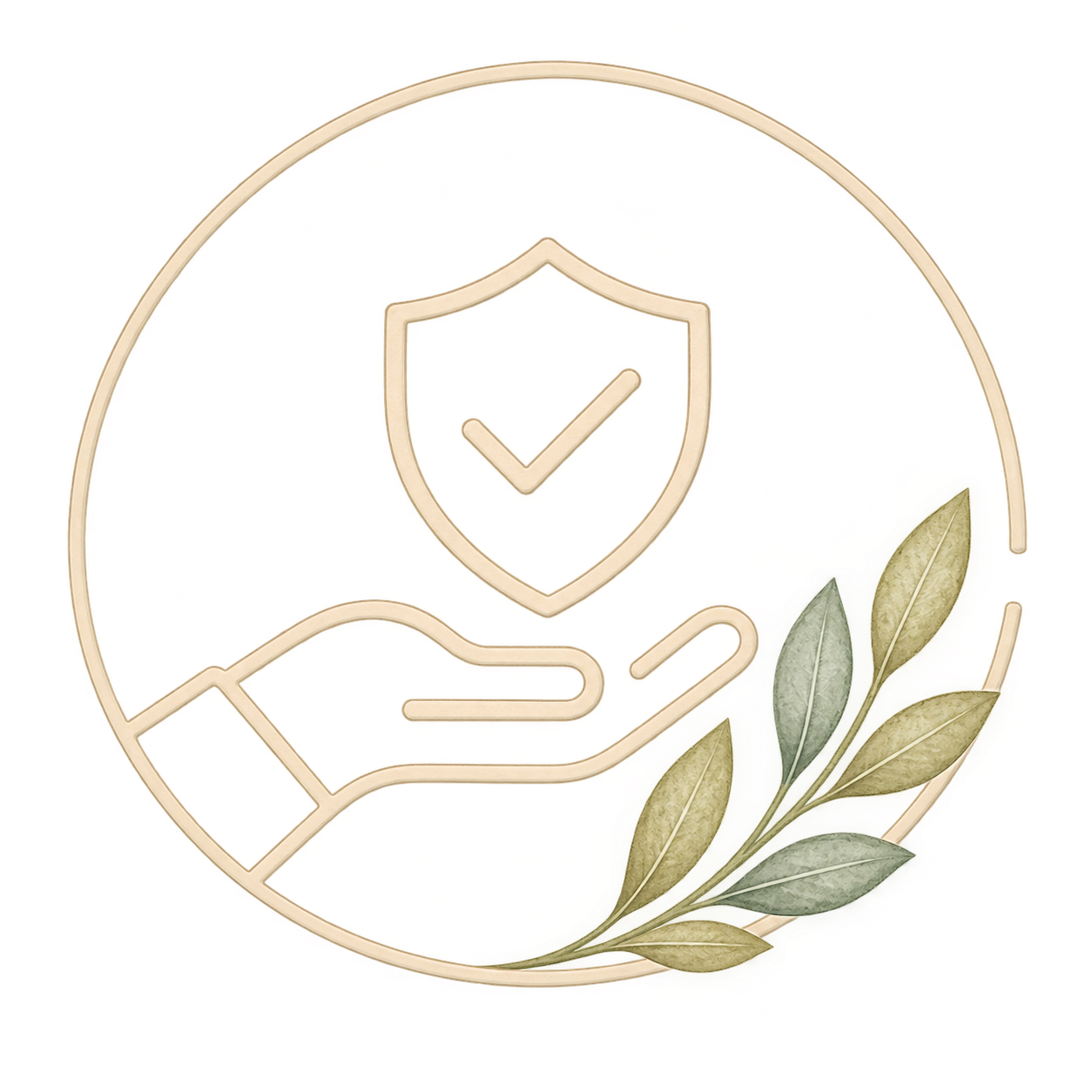 Illustration of a circular icon with a hand holding a shield with a checkmark representing insurance.