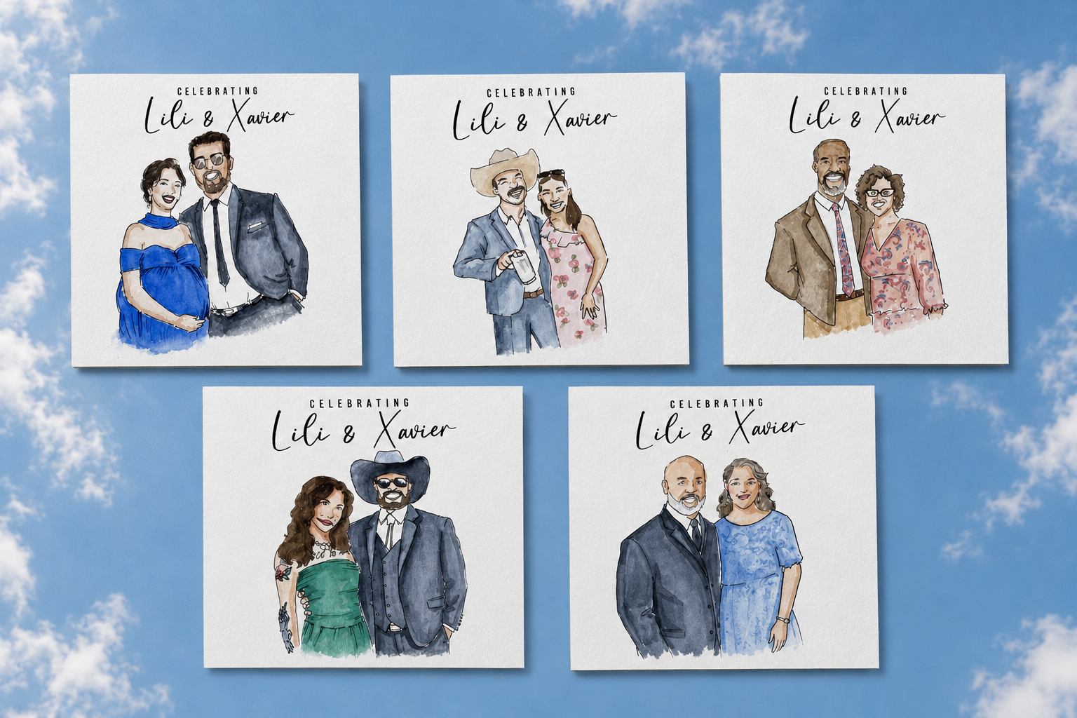 Five illustrated wedding or celebration cards with the text "Celebrating Lili & Xavier" and various couples dressed in formal and semi-formal attire, set against a blue sky background with clouds.