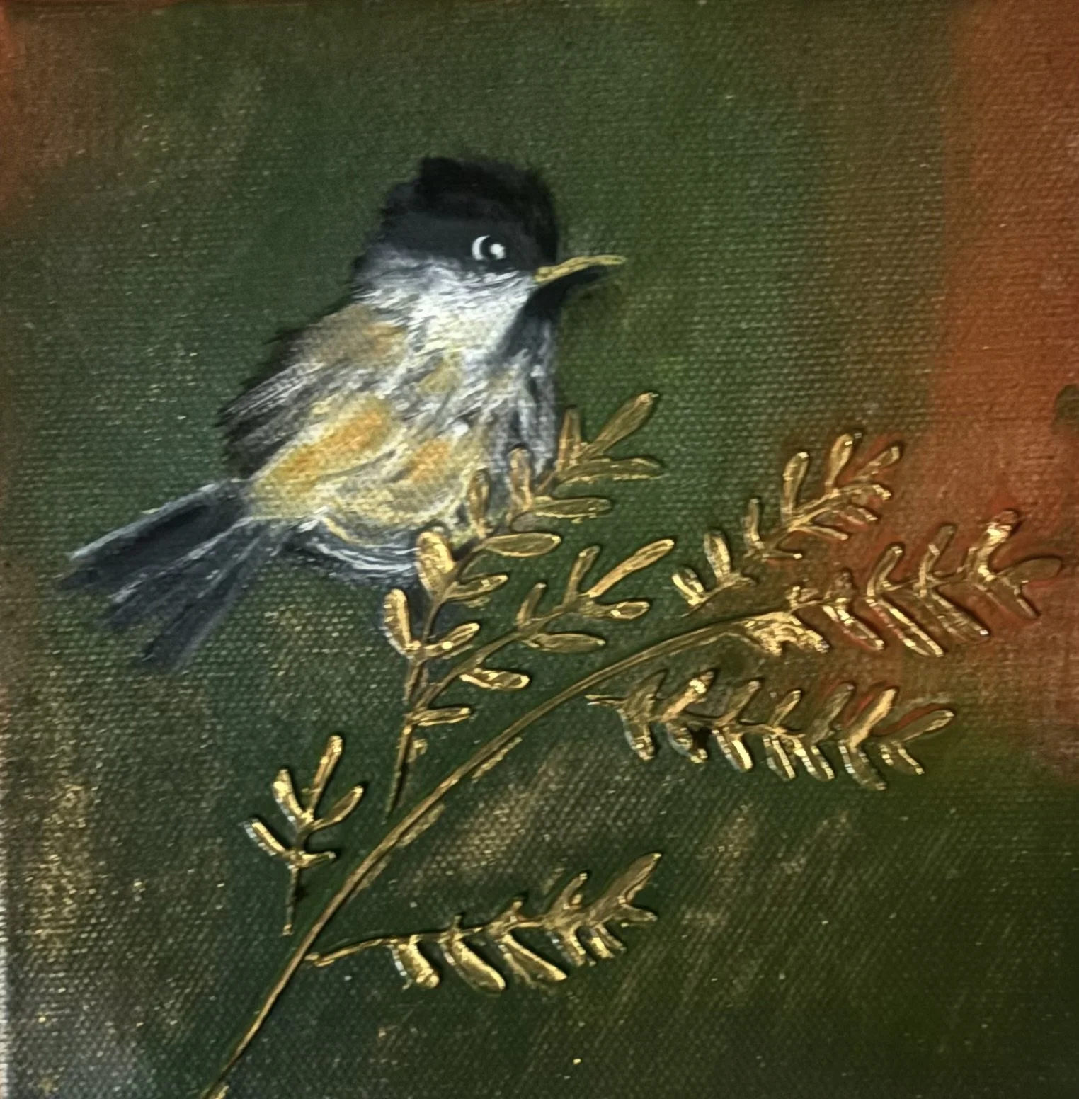 An original, mixed-media painting of a little black and yellow bird pausing before its adventure continues. Created on canvas using inks, acrylic mediums, acrylic paint, spray paints, and oil paints.