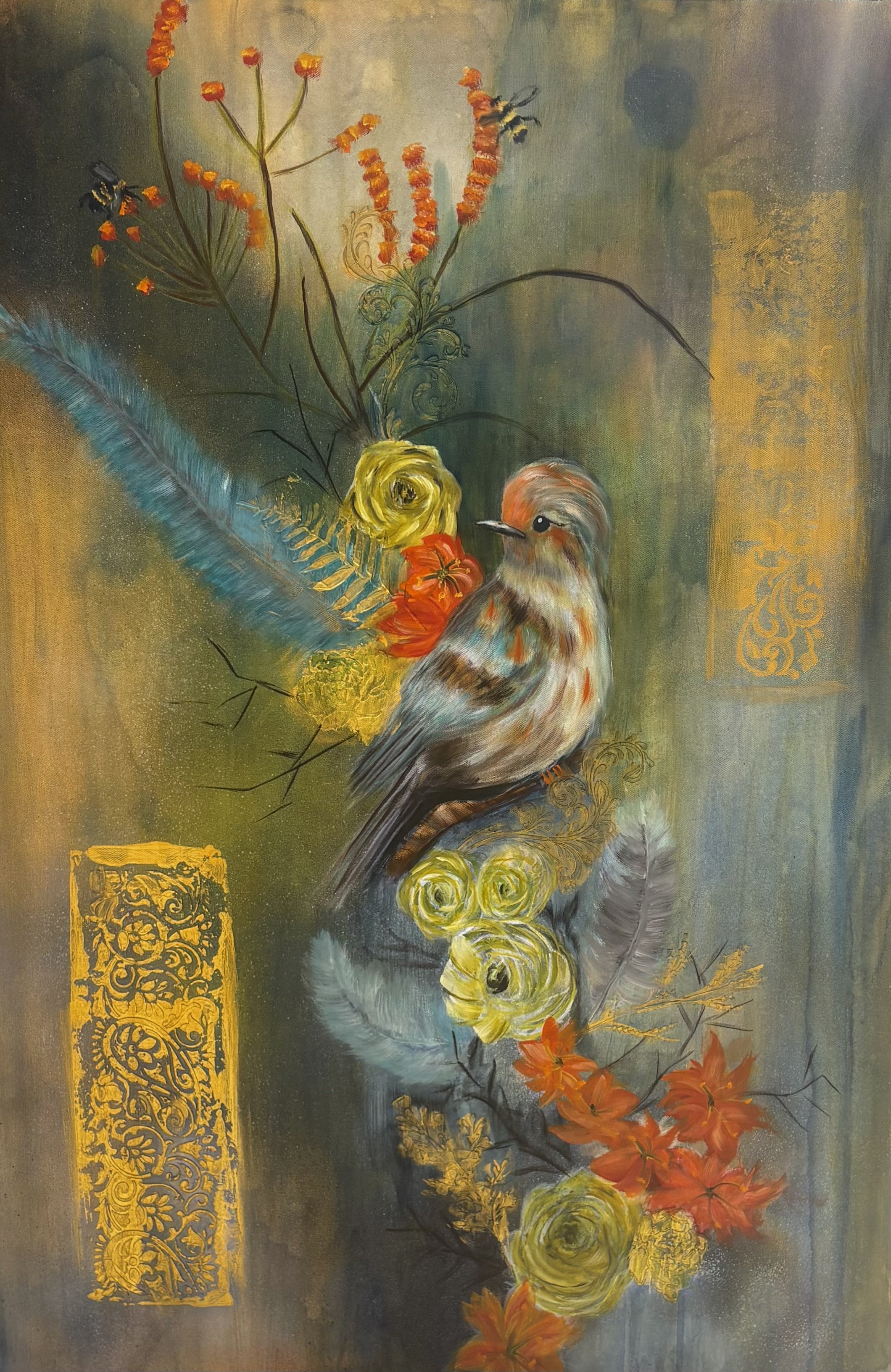 An original, mixed-media, abstract painting featuring a handsome bird with multicolored feathers. The bird has just landed on a perch surrounded by vibrant flowers in shades of yellow, orange, and red, with intricate gold decorative patterns in the b