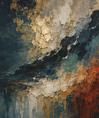 Close-up of an abstract textured painting with gold, white, blue, green, and red layered paint.