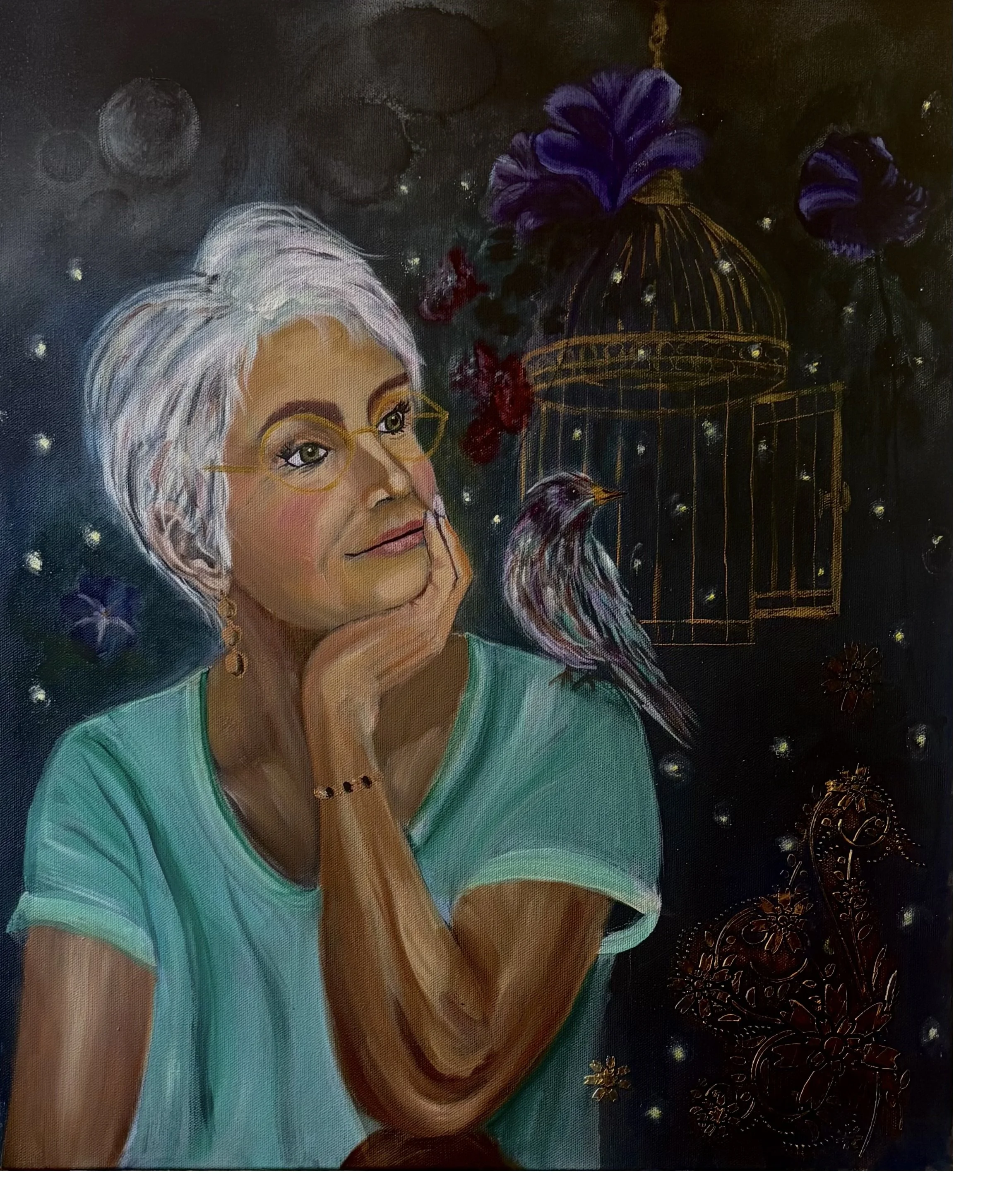 An original, mixed-media painting of a beautiful older woman, contemplating her liberation on a beautiful night, with her bird on her shoulder and fireflies filling the background. Created on canvas with inks, acrylic mediums, acrylic paints, spray p