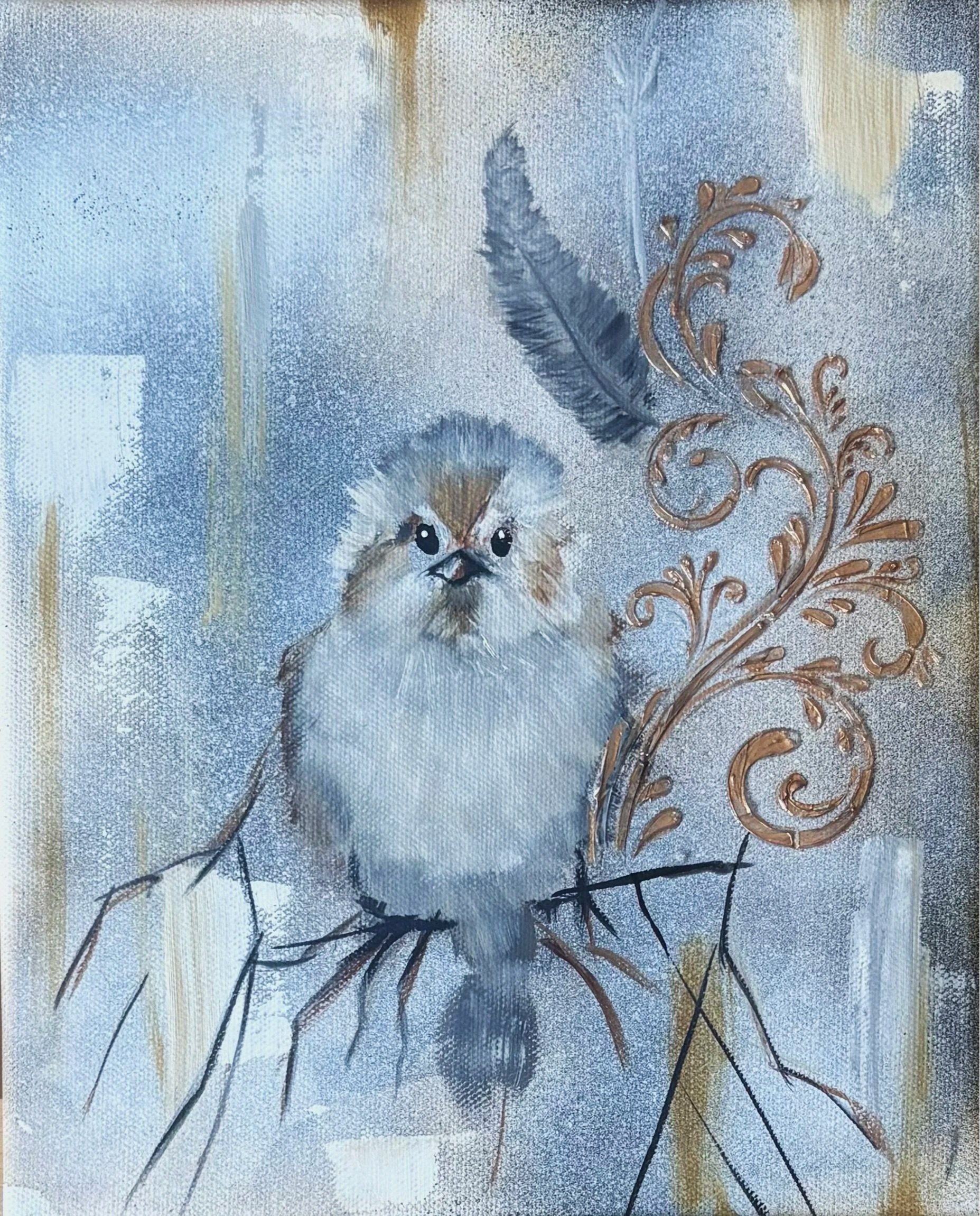 A painting of a fluffy white bird with orange markings and big black eyes, surrounded by orange swirls and thin black lines, on a textured background with shades of blue, yellow, and gray.