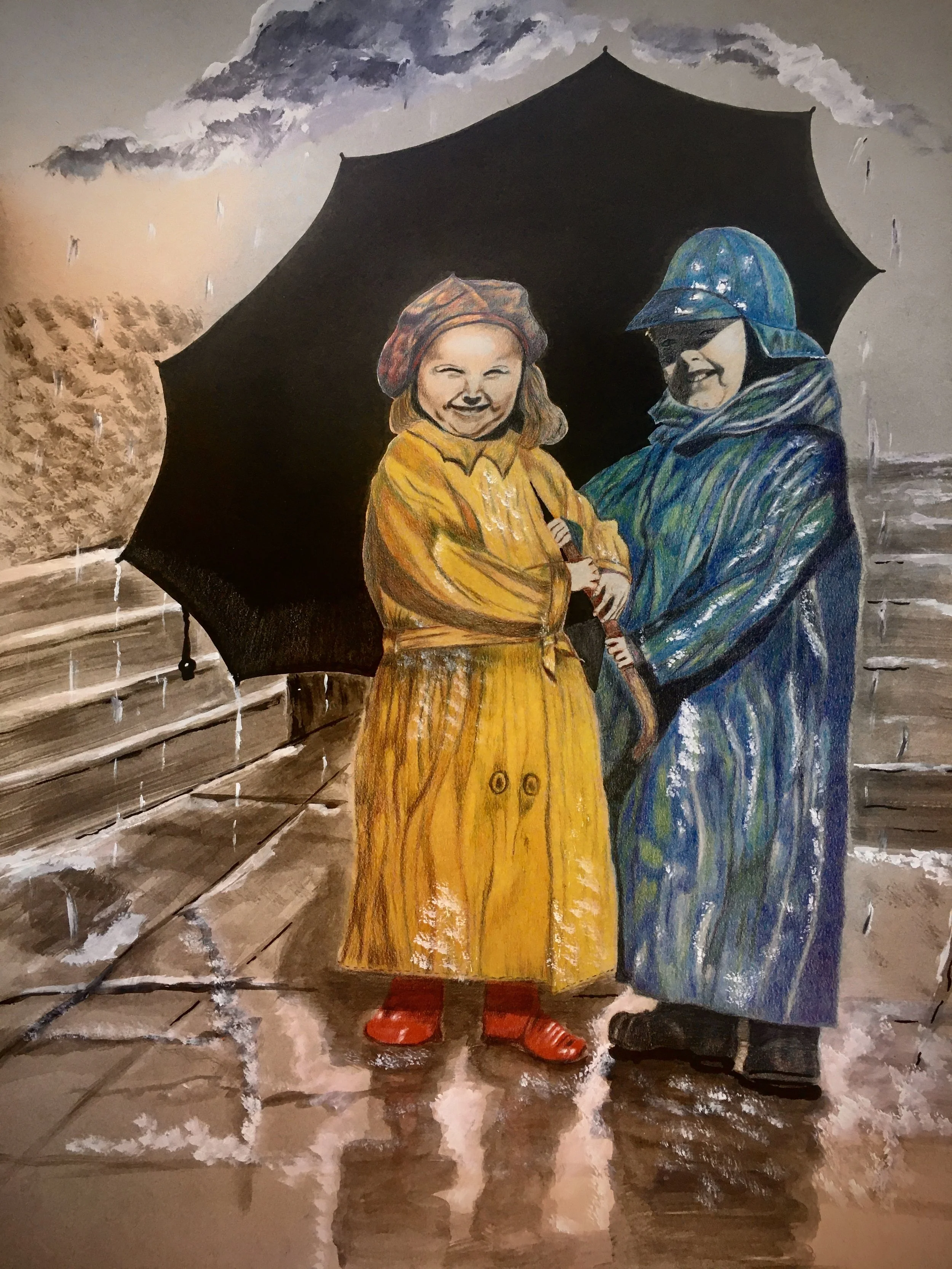 A painting of two children standing under an umbrella in the rain against a cloudy sky, with a wooden fence and wet ground.