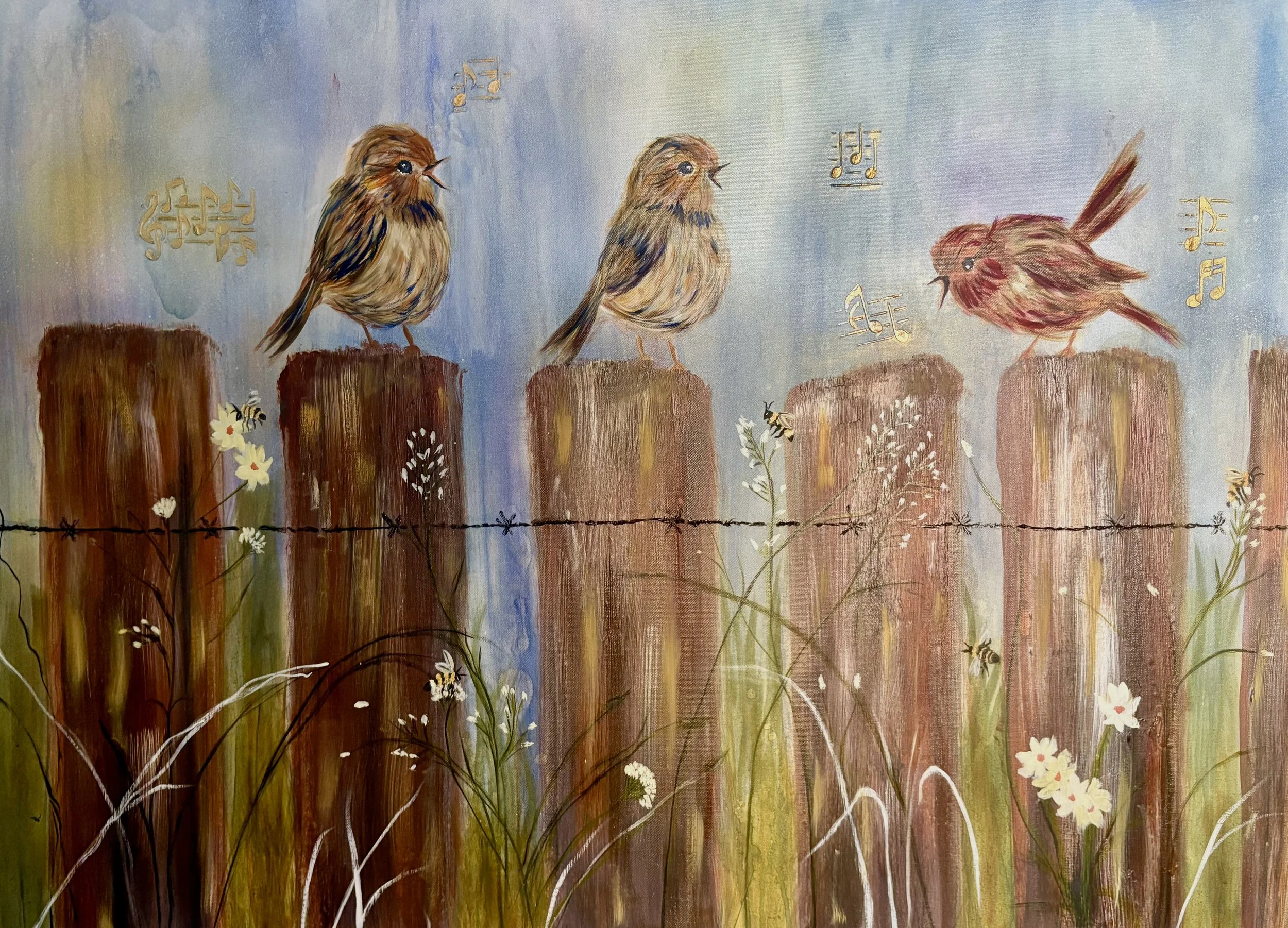 An original mixed-media painting of three birds discovering their talent for song. They are perched on branches against a colorful background with musical notes and flowers. Created with inks, acrylic mediums, acrylic paint, spray paint, and oil pain