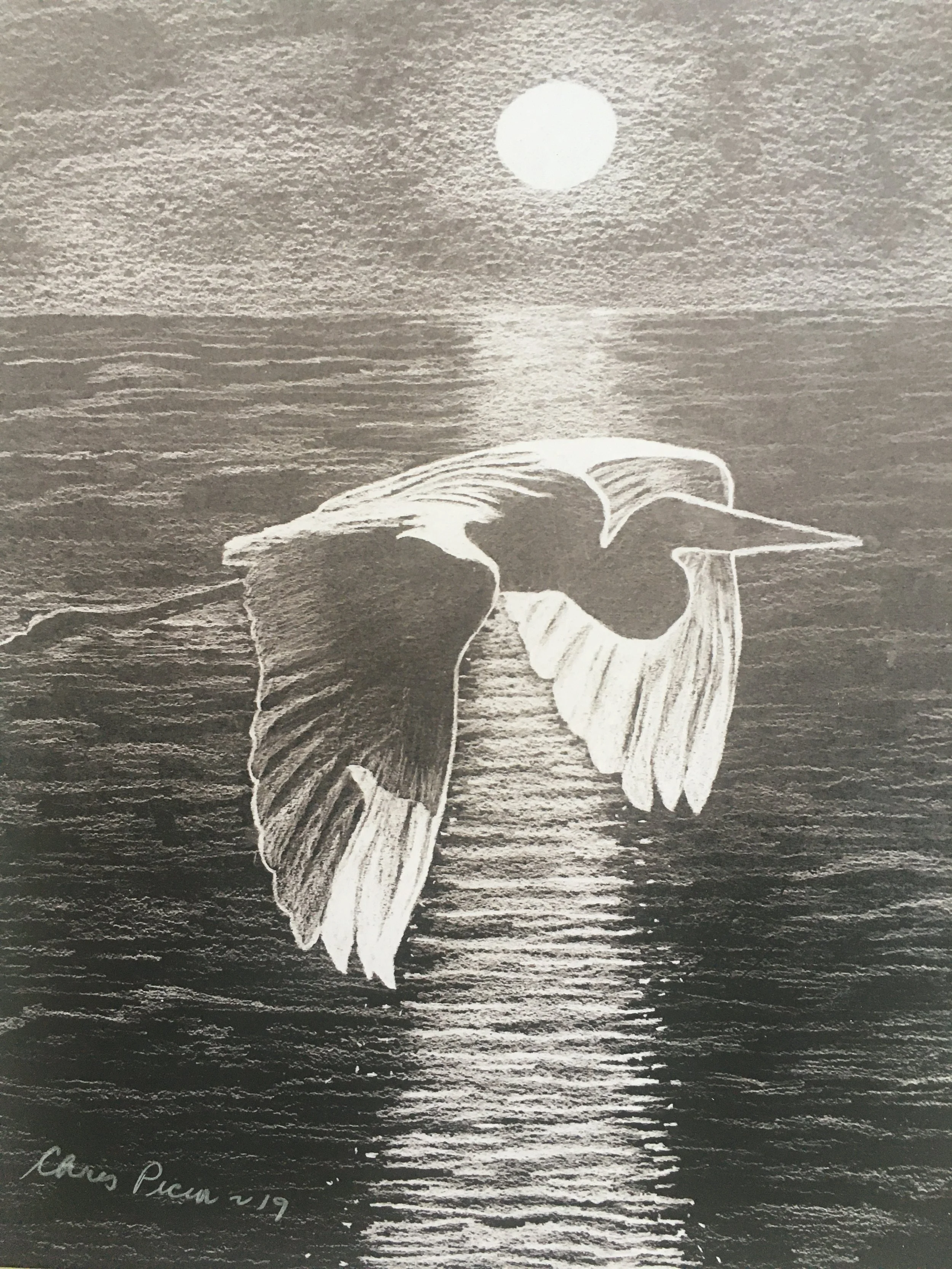 A black and white drawing of a Heron at sunset, with the moon in the sky, and the artist's signature at the bottom left corner.